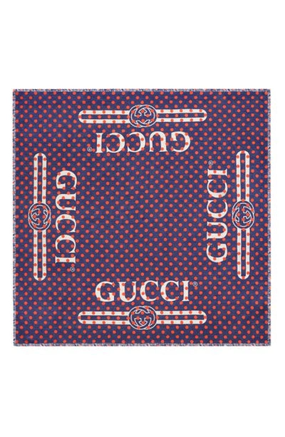 Shop Gucci Logo Polka Dot Modal & Silk Scarf In Sapphire/ Red