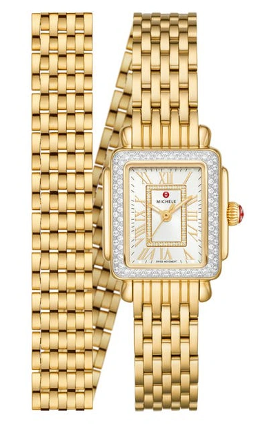 Shop Michele Deco Madison Mini Diamond Bracelet Watch, 22mm In Gld/silv Wht Sunray/gld