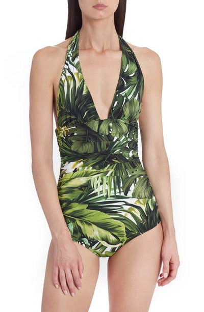 Shop Dolce & Gabbana Leaf Print One-piece Swimsuit In Black Palm