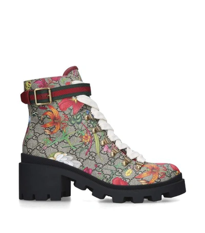 Gucci Trip Gg Floral Gg Supreme Combat Boot In Blk/beige | ModeSens