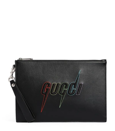 Shop Gucci Leather Embroidered Logo Pouch