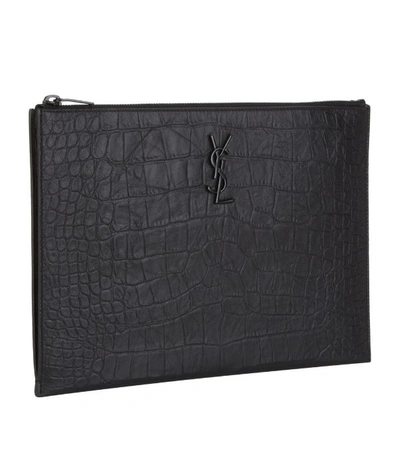 Shop Saint Laurent Croc-embossed Monogram Pouch