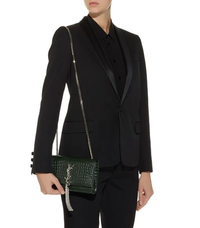 Shop Saint Laurent Small Kate Tassel Croc-embossed Shoulder Bag
