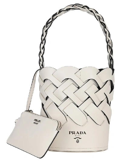 Shop Prada Woven Bucket Bag In White