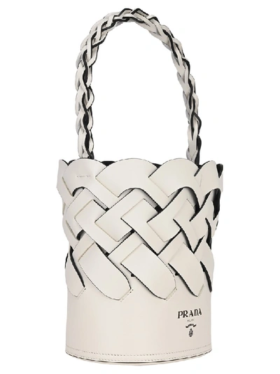 Shop Prada Woven Bucket Bag In White