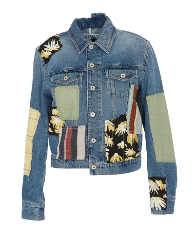 Shop Loewe Patchwork Asymmetric Denim Jacket In Blue