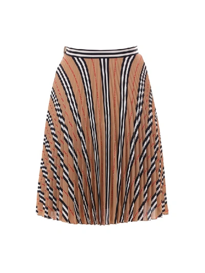 Shop Burberry Pleated Icon Stripe Midi Skirt In Multi