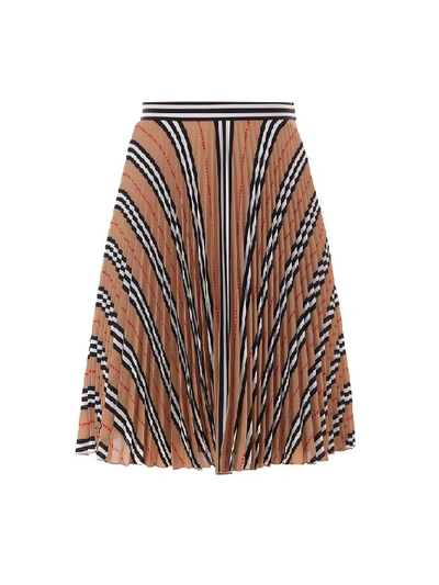 Shop Burberry Pleated Icon Stripe Midi Skirt In Multi