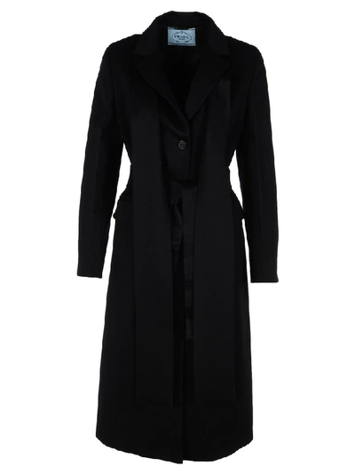 Shop Prada Scarf Detail Belted Coat In Black