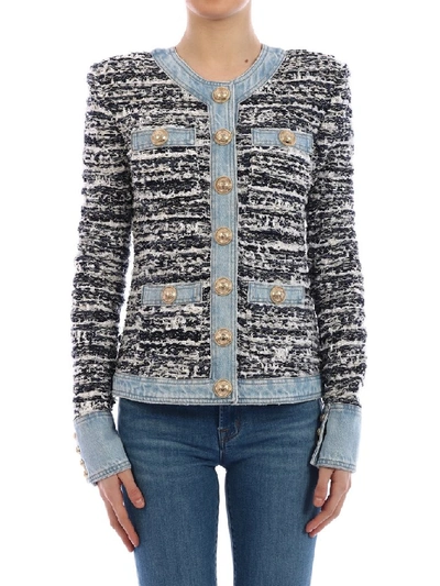 Shop Balmain Tweed Denim Jacket In Multi