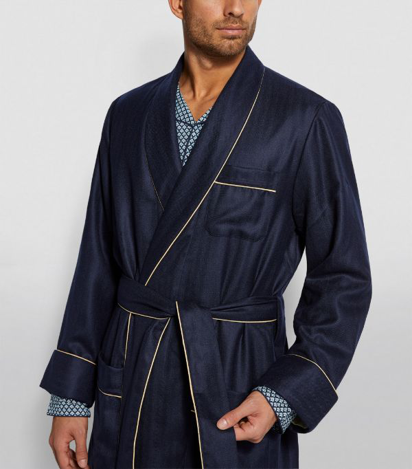 Derek Rose Duke Silk-trimmed Herringbone Cashmere Robe In Blue | ModeSens