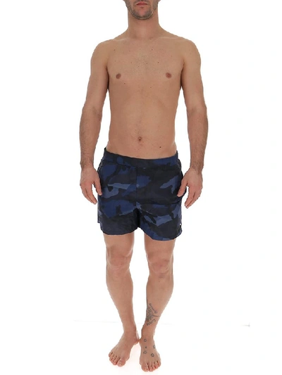 Shop Valentino Camouflage Printed Swim Shorts In Navy