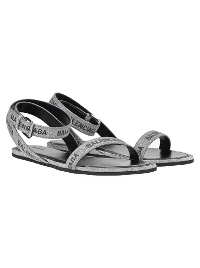 Shop Balenciaga Logo Glittered Sandals In Silver