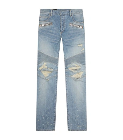 Shop Balmain Distressed Zip-pocket Slim Jeans