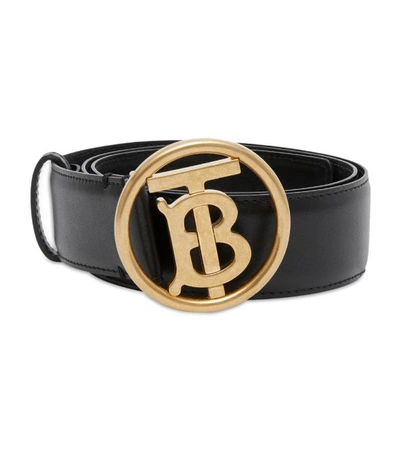 Shop Burberry Leather Monogram Buckle Belt