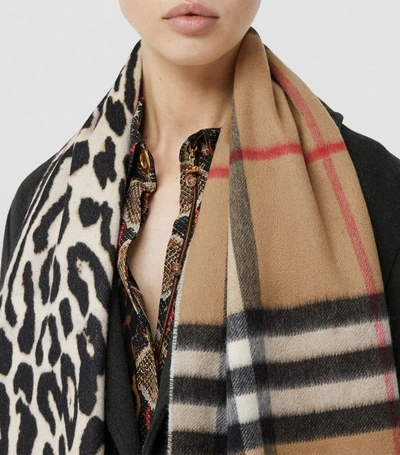 Burberry Reversible Vintage Check Leopard Print Scarf In Multi | ModeSens