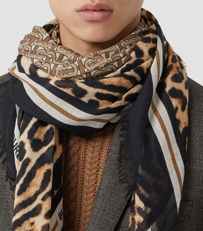 Burberry Monogram Leopard Print Wool & Silk Scarf In Archive Beige