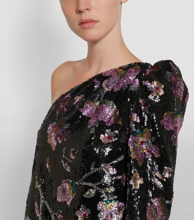 Shop Self-portrait One-shoulder Floral Print Sequin Top