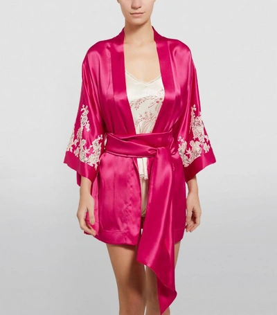 Shop Carine Gilson Short Silk Lace Trim Kimono Robe