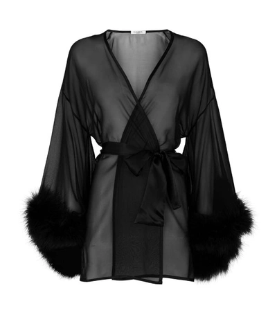Shop Gilda & Pearl Marabou Trim Kimono Robe In Black