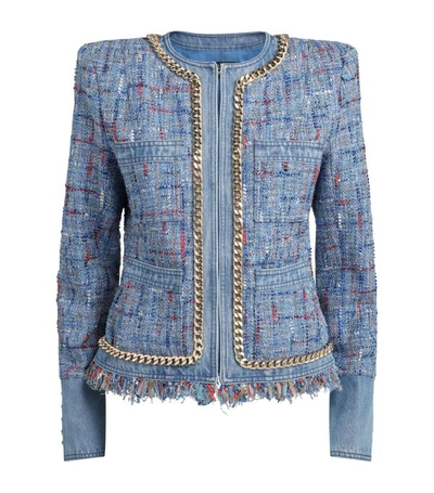 Shop Balmain Collarless Denim Tweed Jacket
