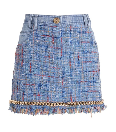 Shop Balmain Chain-embellished Tweed Mini Skirt