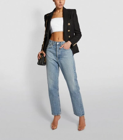 Shop Balmain Topstitched Denim Crop Top