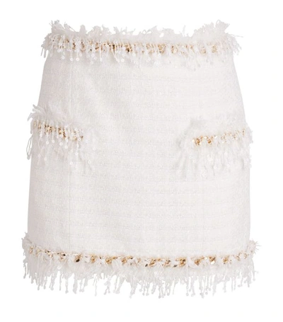 Shop Balmain Chain-embellished Fringed Tweed Skirt