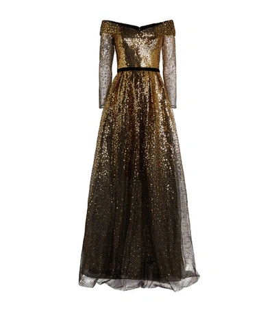 Shop Marchesa Notte Dégradé Sequin Off-shoulder Gown