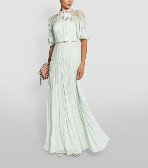 Self portrait pleated chiffon maxi dress deals