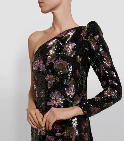 Shop Self-portrait One-shoulder Floral Print Sequin Dress