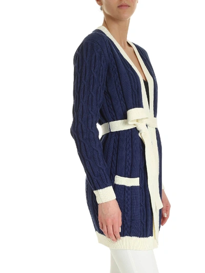 Shop Elisabetta Franchi Braided And Contrasted Edges Cardigan In Blue