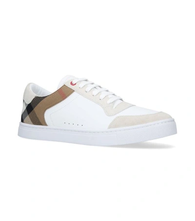 Shop Burberry Leather Check Sneakers In White