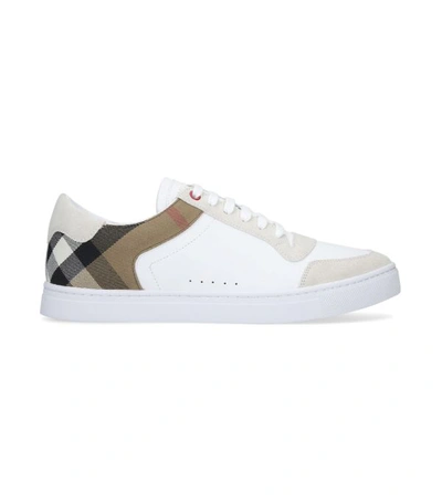 Shop Burberry Leather Check Sneakers In White