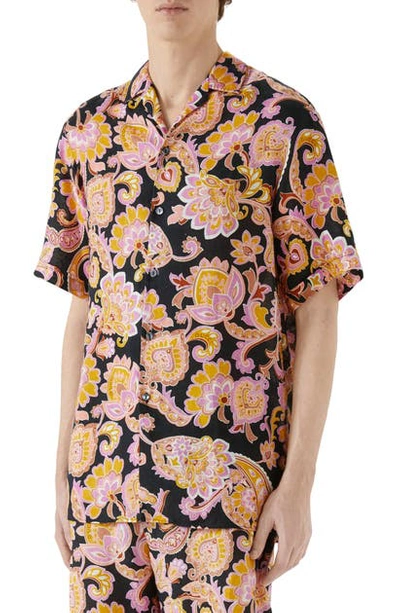 Shop Gucci Paisley Oversize Linen Shirt In Black/rose Beige Prt