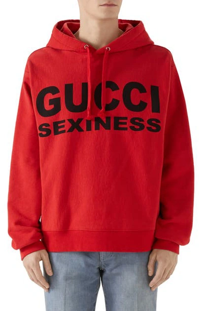 Shop Gucci Sexiness Logo Graphic Cotton Hoodie In Red/black