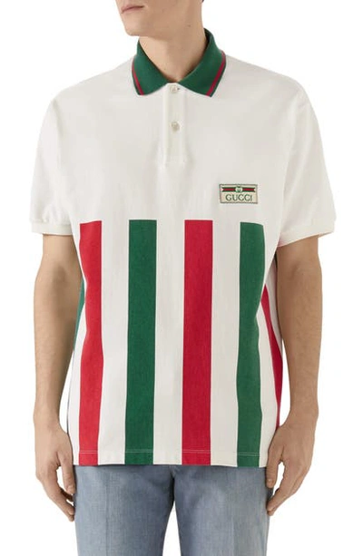 Shop Gucci Stripe Oversize Cotton Polo In White/green/red