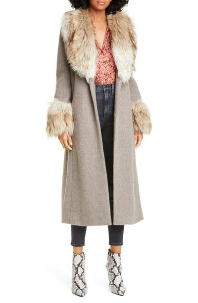 Shop Cinq À Sept Irina Faux Fur Trim Midi Coat In Charcoal/ Natural