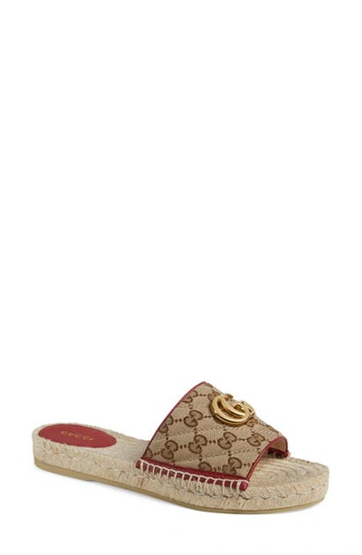 Shop Gucci Pilar Original Gg Canvas Espadrille Slide Sandal In Beige/ Red