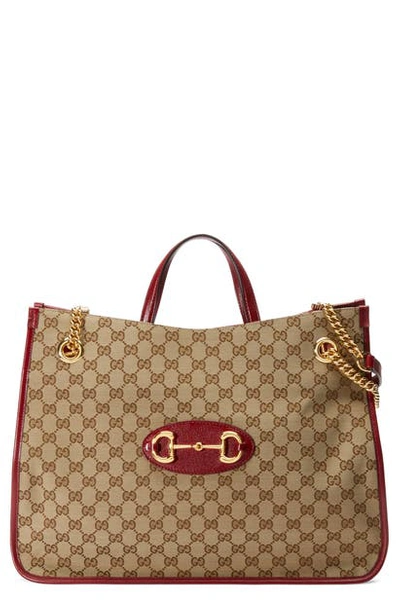 Shop Gucci Large 1955 Horsebit Original Gg Canvas Convertible Tote In Beige Ebony/ New Cherry Red