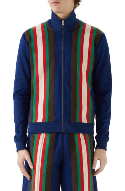 Shop Gucci Stripe Technical Jersey Track Jacket In Inchiostro/green/red