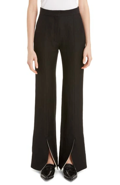Shop Loewe Front Slit Linen Blend Flare Pants In Black