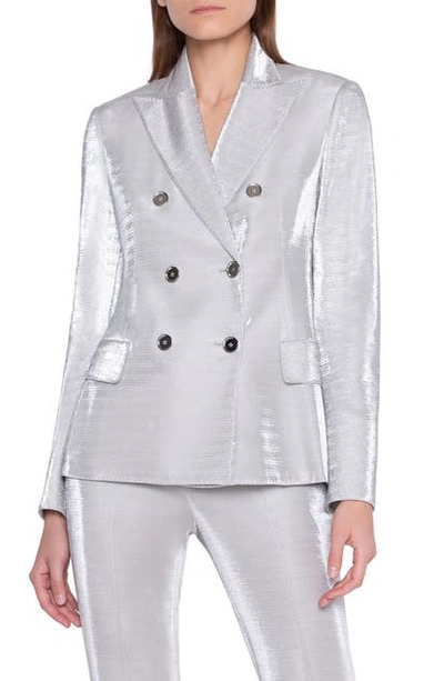 Shop Akris Metallic Jersey Double Breasted Jacket In Silver