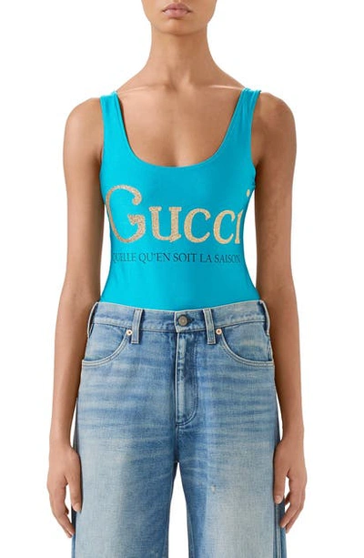 Shop Gucci La Saison Glitter Logo One-piece Swimsuit In Turquoise/ Mc