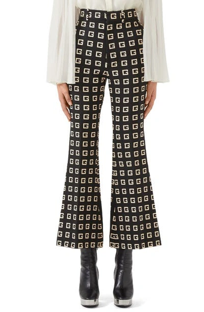 Shop Gucci Square-g Logo Print Faille Crop Flare Pants In Black/ Green/ Red