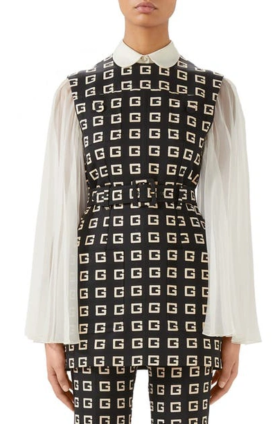 Shop Gucci Square-g Logo Print Belted Faille Tunic In Black/ Ivory