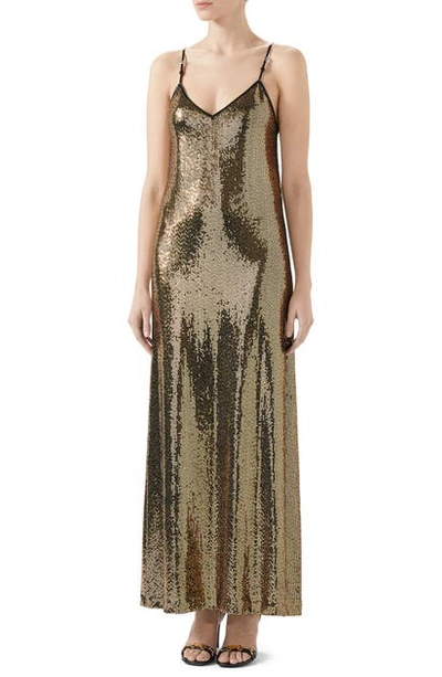 Shop Gucci Square-g Buckle Metallic Dot Jersey Gown In 1815 Black/ Gold