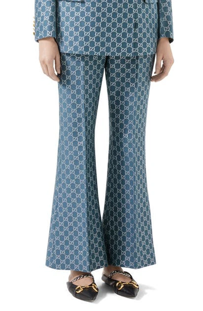 Shop Gucci Metallic Gg Logo High Waist Flare Pants In Blue/ Silver