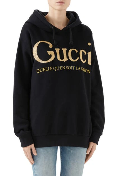 Shop Gucci La Saison Glitter Logo Cotton Hoodie In Black