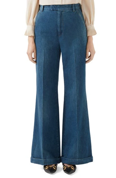 Shop Gucci High Waist Flare Jeans In Dark Blue/ Mix